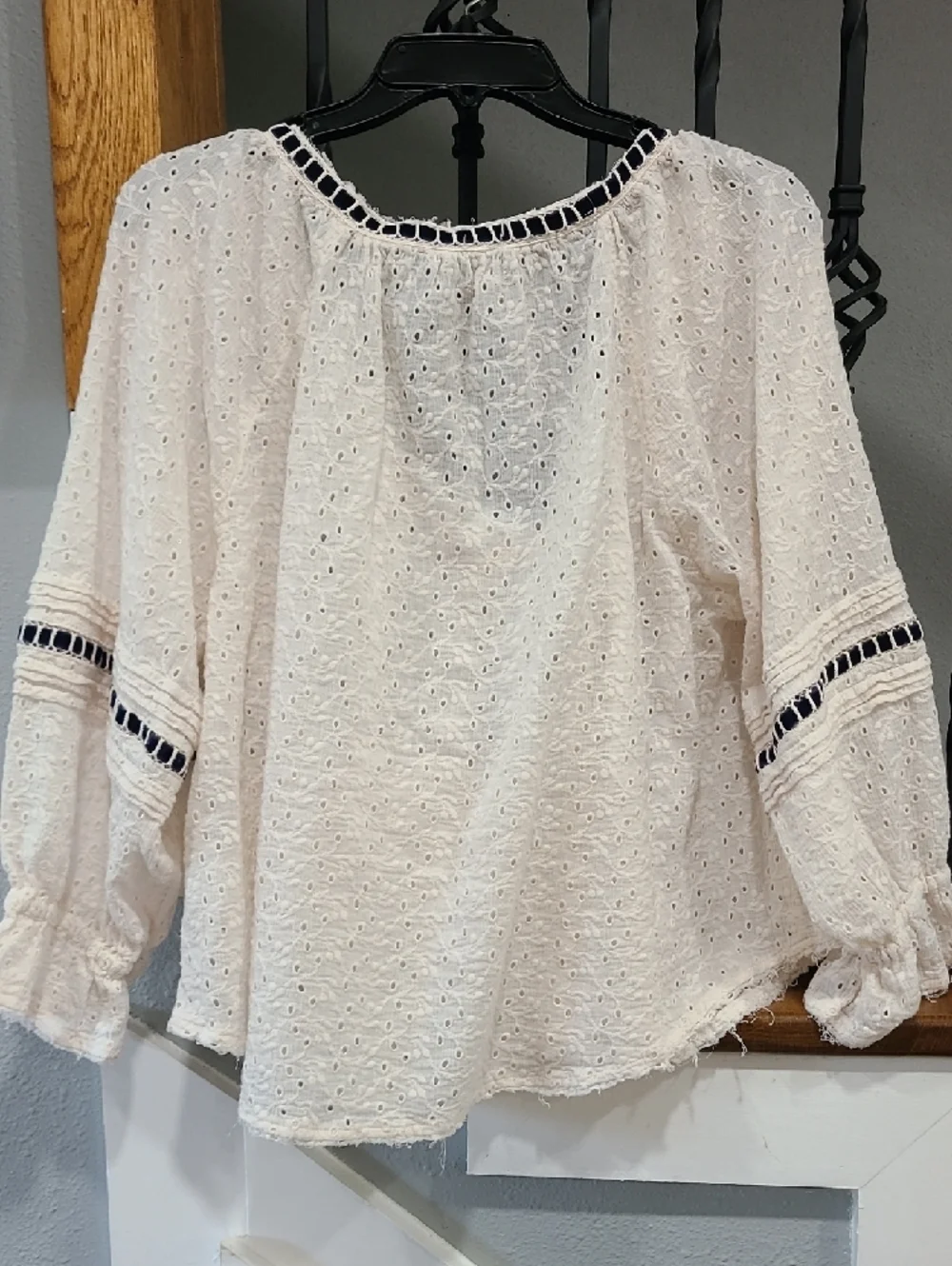 Free People Cream Eyelet Peasant Top with Navy Trim